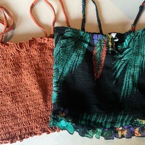 Boho Smocked Crop Tops in Rust and Tropical Print